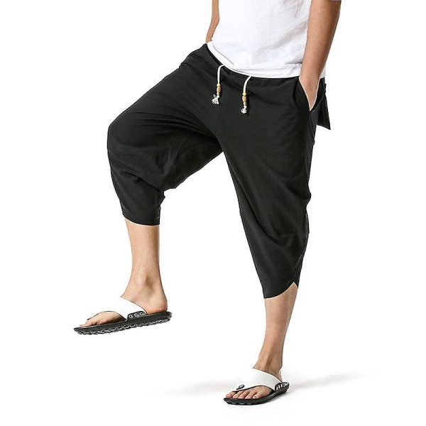 Män 3/4 Linne Shorts Byxor Sommar Casual Capri Lösa Byxor Svart L zdq