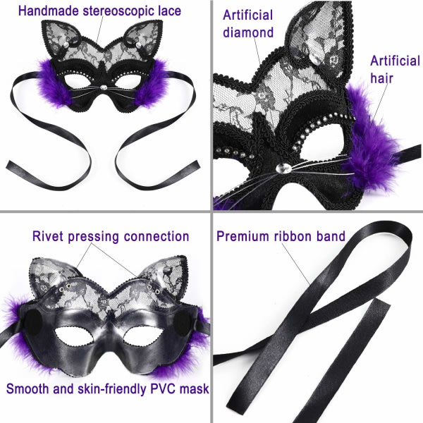 Venetian Masquerade Mask, Purple Luxury Black Cat Lace Mask