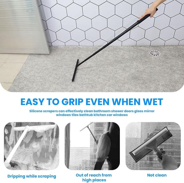 Extendable Shower Squeegee - 97 cm Telescopic Handle - Aluminum/Silicone - Black - With Holder - For Shower, Window, Mirror, Tile, Car