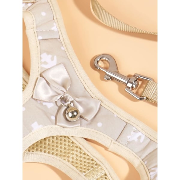 Söpö koiranvaljaat koiranliivi valjaat taluttimella Set Bell Bow Design Pentu Kissa Valjaat talutin Set pienille keskikokoisille koirille Beige XXS