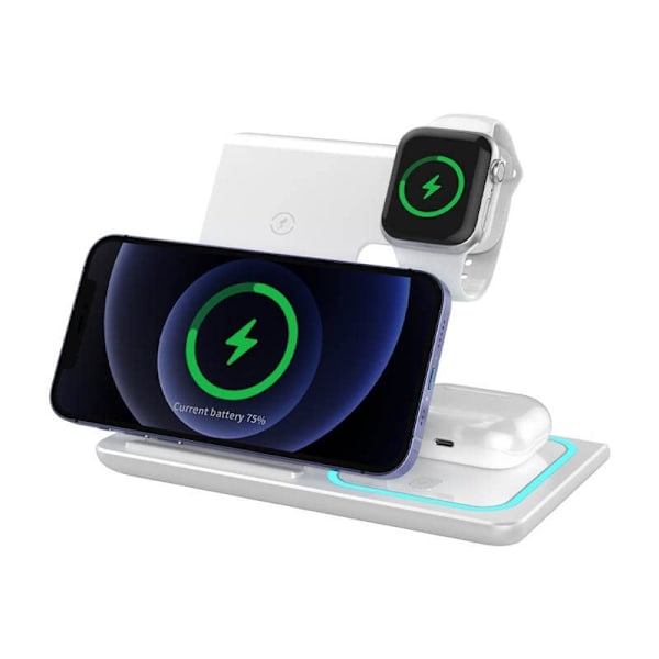 Trådlös laddare, 3-i-1, kompatibel med iPhone 14, 13, 12, 11/XS Max/XR, iWatch Ultra/8/7/6/SE/5/4/3/2, Samsung Galaxy och AirPods 3/2/Pro (Vit)