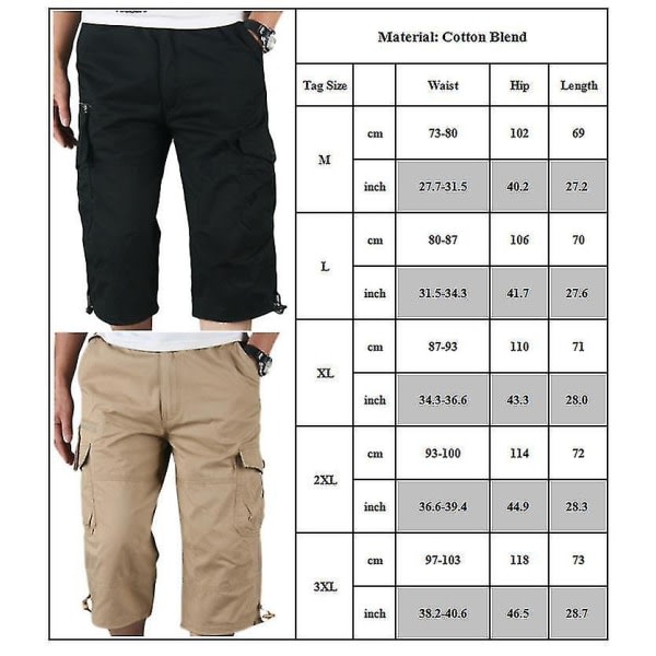 Män Plain 3/4 Längd Cargo Pants Combat Multi Pockets Sort XL zdq