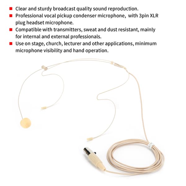 Beige 3-benet headsetmikrofon med kondensatorhoved til bodypack-sender