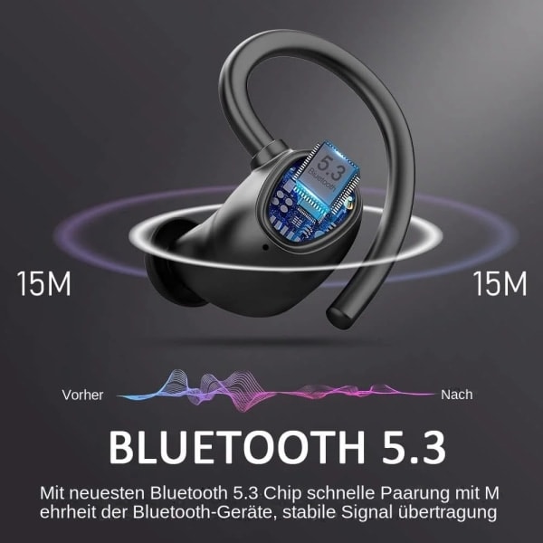 Langattomat Bluetooth 5.3 -kuulokkeet mikrofonilla, langattomat kuulokkeet IP7 vedenpitävät korvakoukut, melunvaimennuskorvat 48H Musta