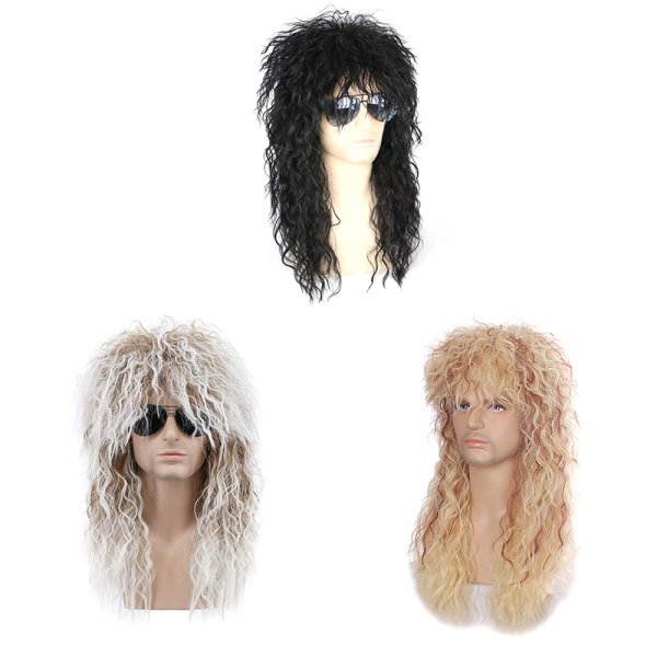 CDQ 70-luvun 80-luvun Mullet-peruukki miehille Halloween Cosplay kihara peruukki Musta