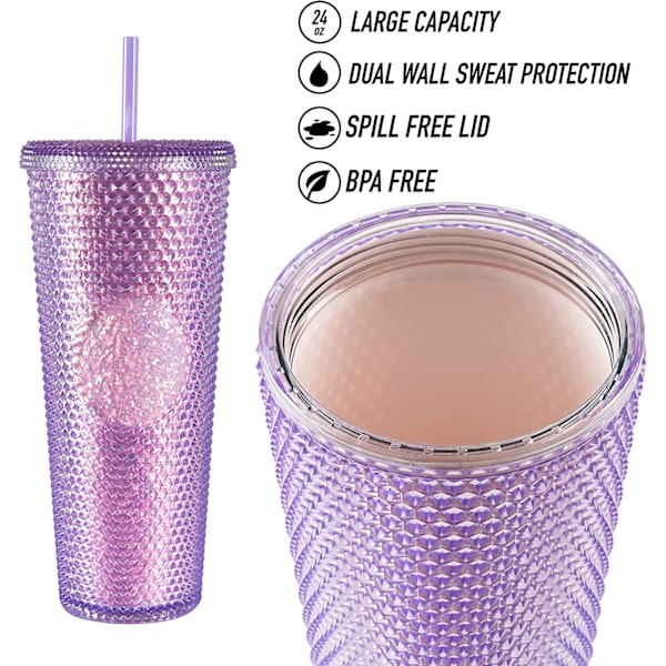 24oz Studded Tumbler, Lækagesikker, BPA-fri, Iskaffe, Smoothies, Boba Tea (Pink)
