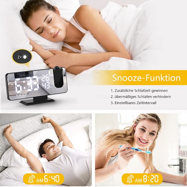 Versatile Projection Alarm Clock, Digital Clock with Large Mirror LED Display & Adjustable Brightness, USB Charging & Dual Alarms, Memory & Night Mode