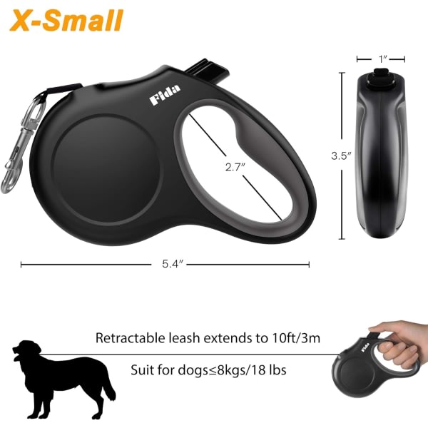 Infällbart hundkoppel med dispenser- og bajspåsar, 10 fods promenadkoppel for husdjur, anti-halkhandtag, trasselfritt, reflekterende nylon (XS, sort)