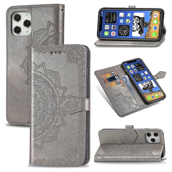 Kompatibel med Iphone 11 Pro Case Läder Cover Emboss Mandala Magnetic Flip Protection Stötsäker - Grå null ingen