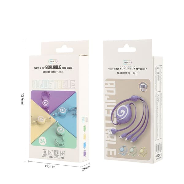 3 i 1 USB-opladerkabel Lollipop-form Strækbar hurtigopladningstelefonkabel til IOS til Android til Huawei Violet Blue_tfrf