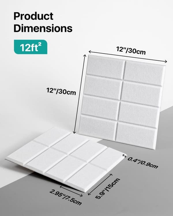 12-pack Akustikpaneler – Självhäftande Ljudabsorberande Paneler 30x30 cm, Effektiv Ljudisolering för Hem & Kontor_TF_TF Vit