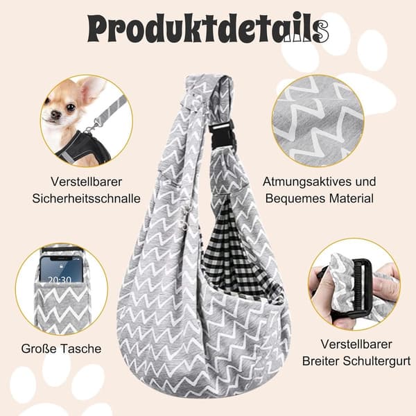 Hundebæresele, vendbar polyester, justerbar rem og frontlomme, til små hunde og katte op til 7,5 kg, grå zigzag