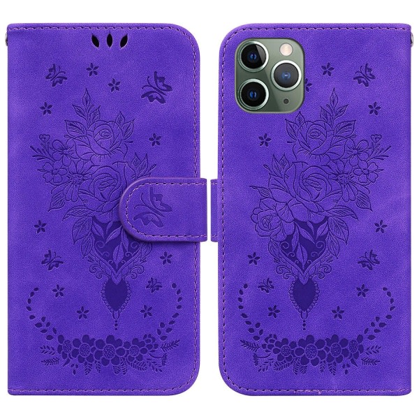 Etui til Iphone 11 Pro Max Cover Coque Butterfly And Rose Magnetic Wallet Pu Premium Läder Flip Card Holder Telefonetui - Gul Lilla