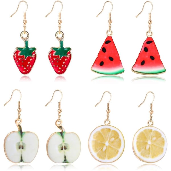 Heyone 4 par kreativa olika söta frukter örhänge Cherry Strawberry Watermelon Dingle Drop Earrings Set för kvinnor Flickor