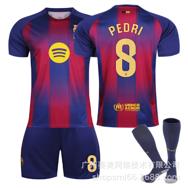 25-26 Barcelona hjemme barn fotballuniform 6 Gavi 9 Lewandowski 19 Yamal 8 Pedri drakt Barcelona sett Størrelse 8 sokker Size 8 socks XS