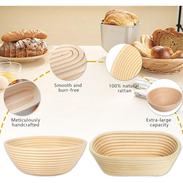 Bread Baking Fermentation Basket - Yeast Baking Set - Includes a 23 cm Round Fermentation Basket and a 25 cm Oval Fermentation Basket, a Whisk - Dough Scraper