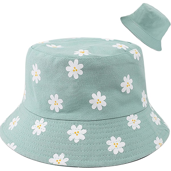 Söt bucket hat strandfiskehattar för kvinnor, vändbar dubbelsidig användning Flower Green