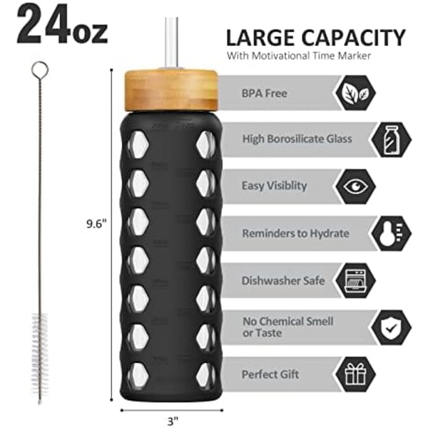 MUKOKO 32 oz glassvattenflaskor med 2 lås-håndtagspiplock & bambuhalmlock, motiverende vanntumlare med tidsmarkørpåminnelse og svart