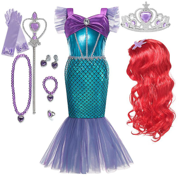Disney Den lilla sjöjungfrun Ariel Prinsessklänning Barnklänning För flickor Barn Karneval Födelsedagsfest Kläder 5T(storlek 120) 11 st Sjöjungfru-set