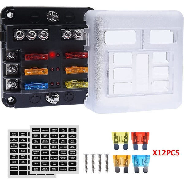 6-vejs 12v sikringsboks, sikringsholder blad sikringsblok med 16 sikringer 6 led indikatorlamper Cover