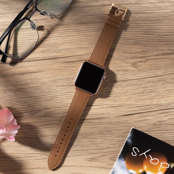 Apple Watch læderrem, udskiftningsrem i ægte læder til Apple Watch Series 9 8 7 6 5 4 3 2 1 & iWatch SE, Ultra (38 mm 40 mm 41 mm, brun) Brown