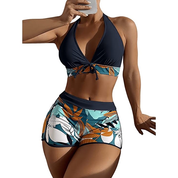 CDQ Leaf Print Halter Bikini Set & Shorts Blå LCDQ