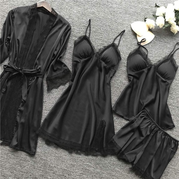 Pyjamas Dam Pyjamas Set 4st Nattkläder Underkläder Set Sexig spets Negligé Babydoll Negligees Kostym Underkläder Night 3XL A10 Röd