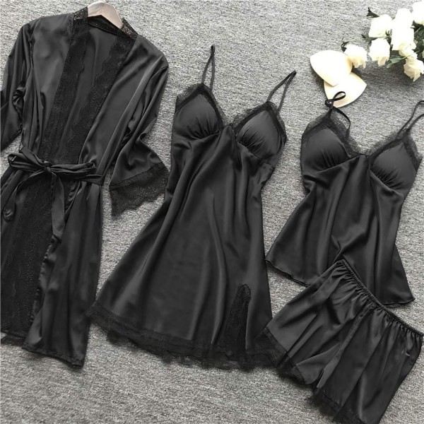 Pyjamasetti naisille, 4 osaa, yövaatteet, alusvaatteet, seksikäs pitsi, negligee, babydoll, negligeet, puku, alusvaatteet, yöasu, 3XL A10 punainen