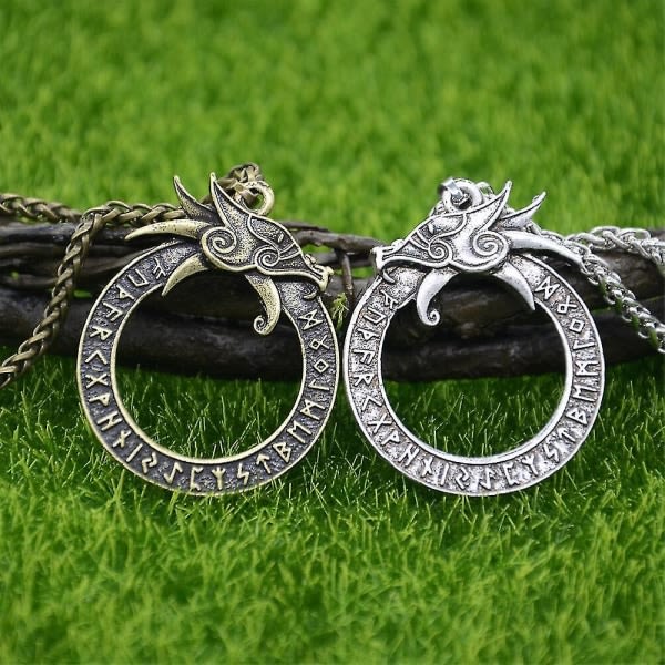 Runa Runor Amulett Gotiska Accessoarer Ouroboros Norse Dragon Goth Halsband Viking Talisman Smycken Vokskæde Sølv