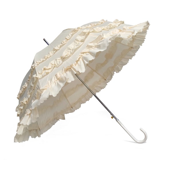 Sød Prinsesse Blonde Paraply Med Langt Håndtag Semi-Automatisk Solskins Regn Bryllupsparaply Beige