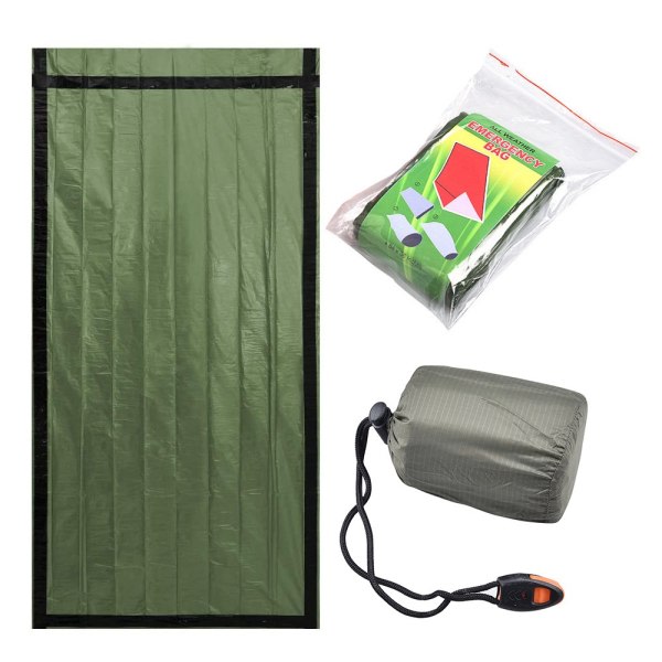 Nødsituationsovsæk til udendørs brug - Overlevelse - Genanvendelig - Grøn sovepose og bæretaske grön sovsäck och bärväska