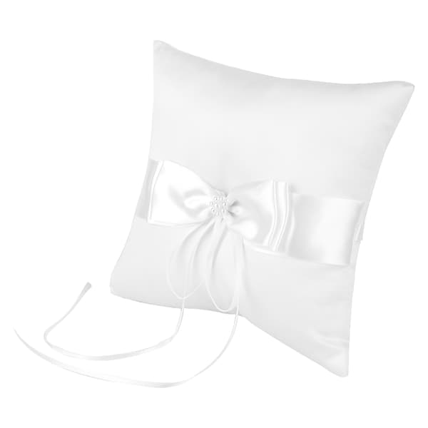 Vit satin rosett ringbärare kudde hållare bröllop ring kudde med simulerad pärla 15*15cm