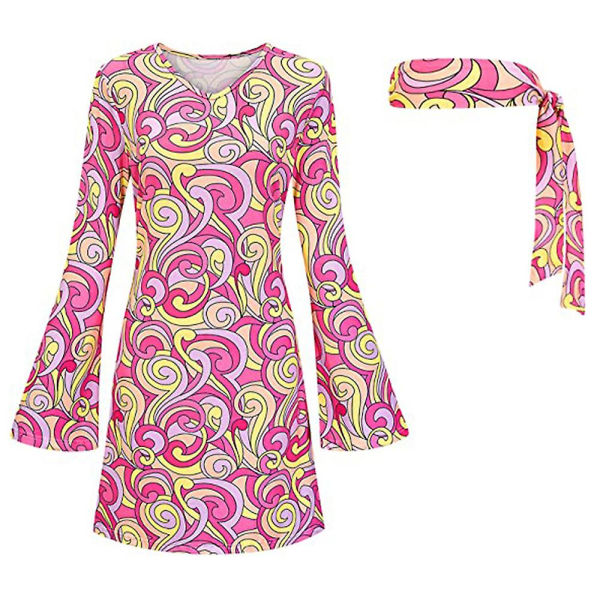 60-/70-tal/80-tal Set for kvinner Retro Cosplay Party Peace Sign Kjole Hodebånd 2XL Rosa