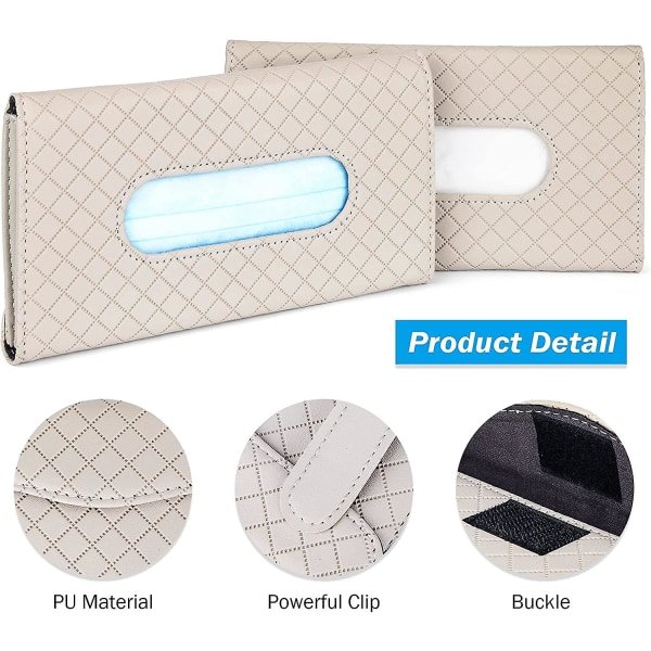 Bilvävnadslåda (2-pack), Bilhållare för mjuka papper, Solskyddsvisir, Bilmaskdispenser i läder (23x13 cm) - Beige