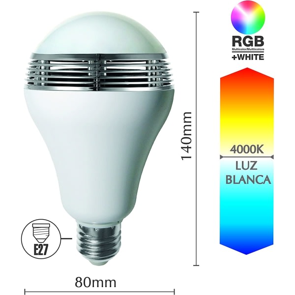 CDQ RGB LED-lamppu kaiuttimella E27, 12 W, valkoinen, 14 x 8 x 8 cm