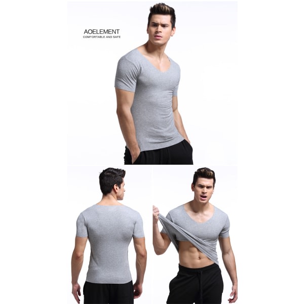 Tynn kortarmet t-skjorte for menn med v-hals, ensfarget, tettsittende bunnskjorte, slim-fit, sømløse undertøy, modal skreddersydd t-skjorte, svart（L） zdq