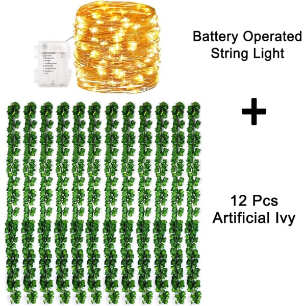 12 paket med 10 m konstgjord murgrönagirland falska växter, vinranka hängande krans med 100 LED-ljusslingor för festbalkonger