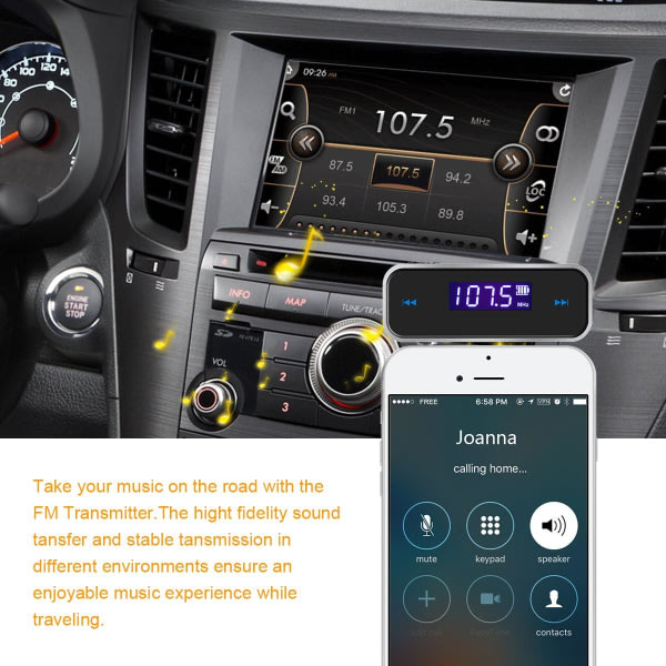 CDQ FM-sändare ljudadapter Bilsats, trådlös bilradiosändare Inbyggd 3,5 mm aux-port för bil iPhone 6s 5 SE iPod iPad smarta phoneer MP3 MP4