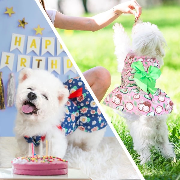 2-pack liten hundklänning Mjuk bomull sommarhundkläder flicka Rolig blommig avokadovalp prinsessklänning Söta pilbåge hundklänningar (blå/rosa,M)