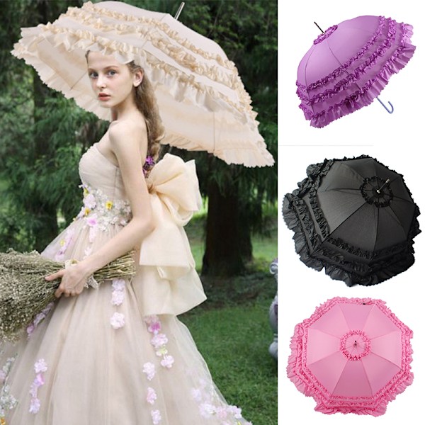 Sød Prinsesse Blonde Paraply Med Langt Håndtag Semi-Automatisk Solskins Regn Bryllupsparaply Purple