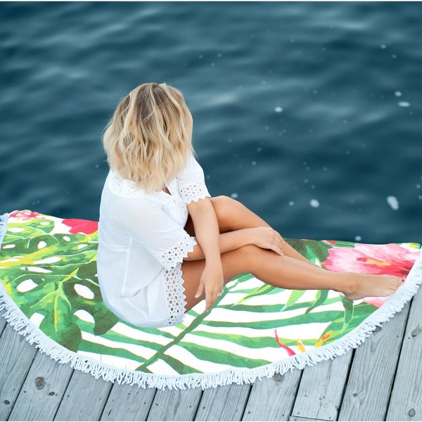 Rund strandhåndkle med mandala-frynser Tykk Ultratjukk bomullsmatte Yoga Hippie Beach Summer Gave (1#)