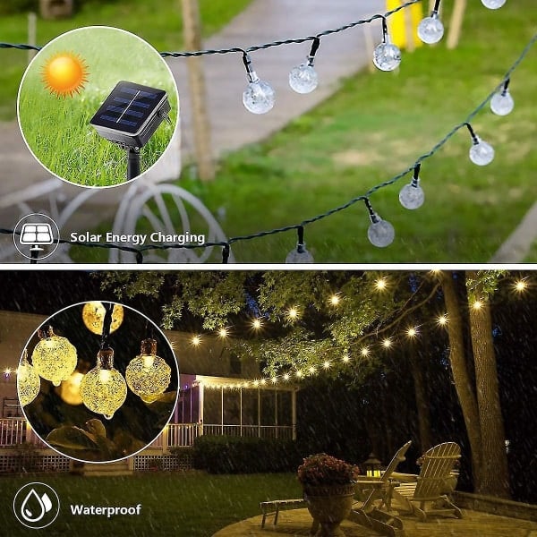 Solcellelampe for hage, Balkonglyskjede med solceller, 9,5 meter kuler
