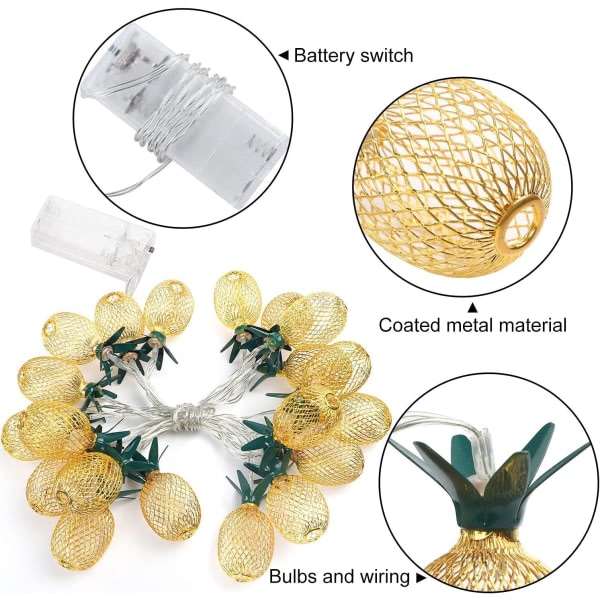 CDQ 2 förpackningar ananasljusslingor, 10 fot tråd med 20 st ananaslampor, batteridrivna fairy slingljus för tropiska festdekorationer Sovrum Bi