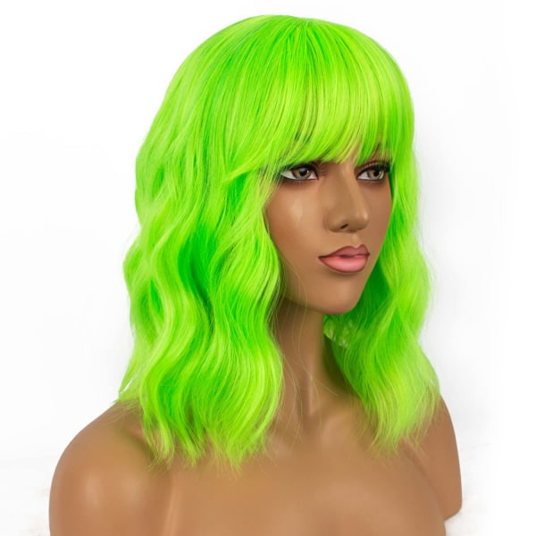 Bølget parykk med lugg Korte parykker for kvinner Krøllete bølget Bob Syntetisk cosplay parykk for jenter Daglig bruk Fargerike parykker (neongrønn)