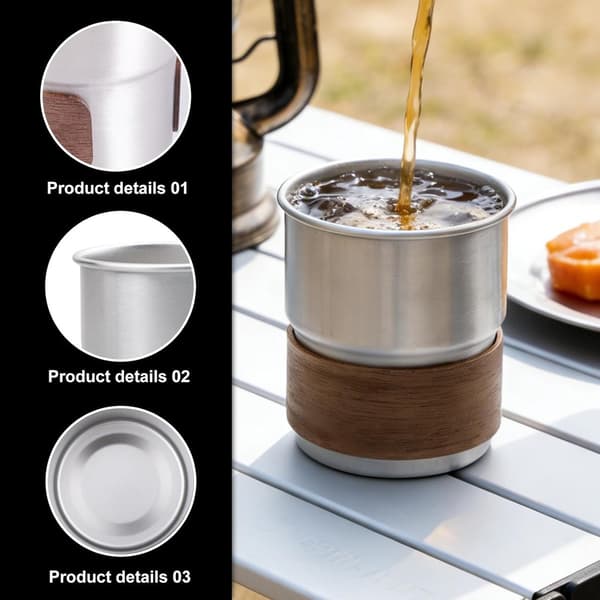 Campingkopper i rustfritt stål, sett med 6, 304 stål med trehylser, stablebare 300 ml kopper for piknik, reise og fester