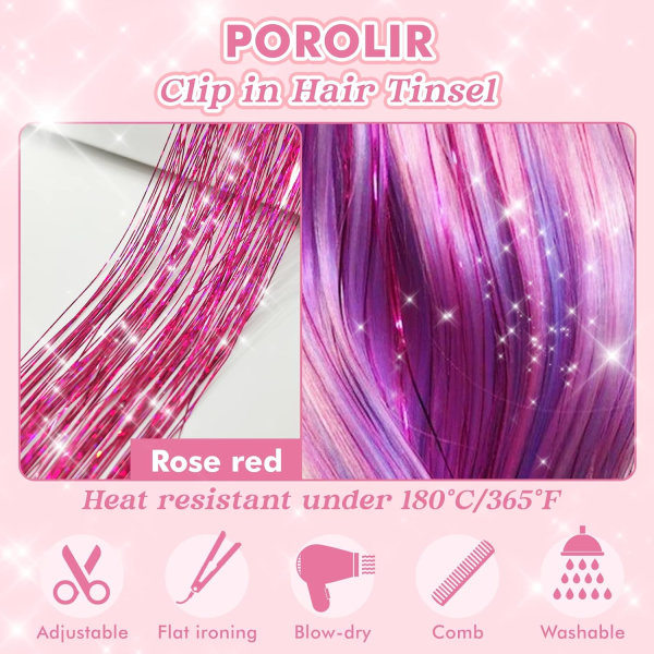 Clip in Hair Tinsel Kit, 6-pack Glitter Fairy Tinsel Hair Extensions 21 tum glänsande hår Tinsel Värmebeständigt (Rose Red)