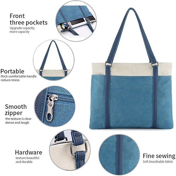 Verktygsväska Dam Laptop Tote Väska För Arbete Lätt Canvas med Sömmar 15,6 Tum Handväska