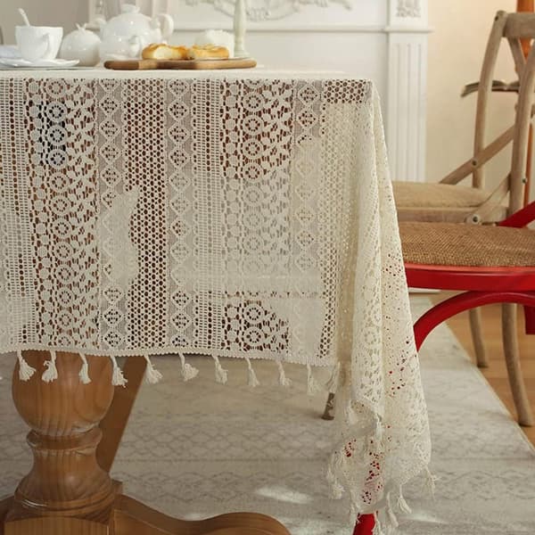 Boho virkad duk med tofsar 90% bomull geometrisk randig rektangulär bordsduk 59 x 70 tum för middagsbjudningar inomhus och utomhus