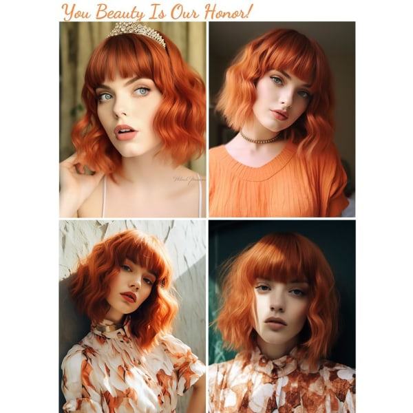 Kort kobberrød parykk for kvinner Fox Red Wig Ombre Red Dark Root Culy Bob parykk med lugg Ingefærhår Parykk Bølgete syntetiske parykker (12 tommer)