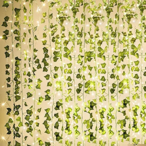 12 pakker med 10 m konstgjord murgrönagirland falska växter, vinranka hängande krans med 100 LED-ljusslingor for festbalkonger